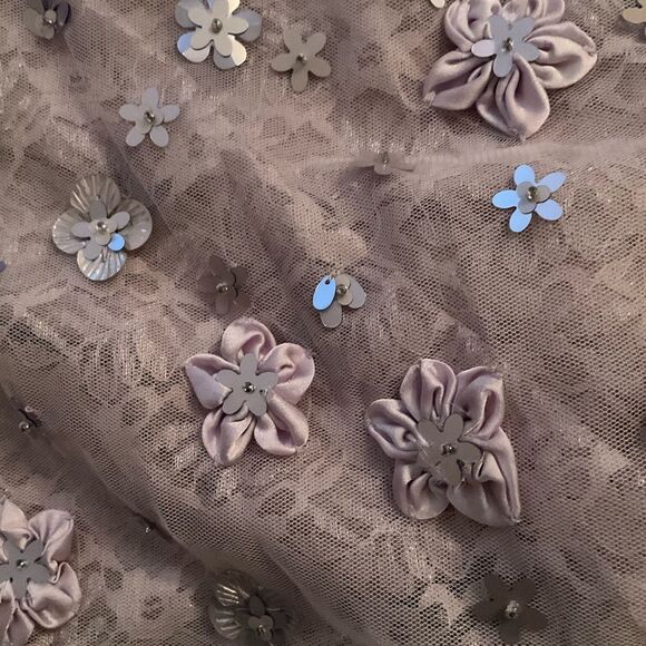 Mac Duggal Purple Floral Applique Puff Sleeve High Neck A-Line Gown Dress - Picture 14 of 15